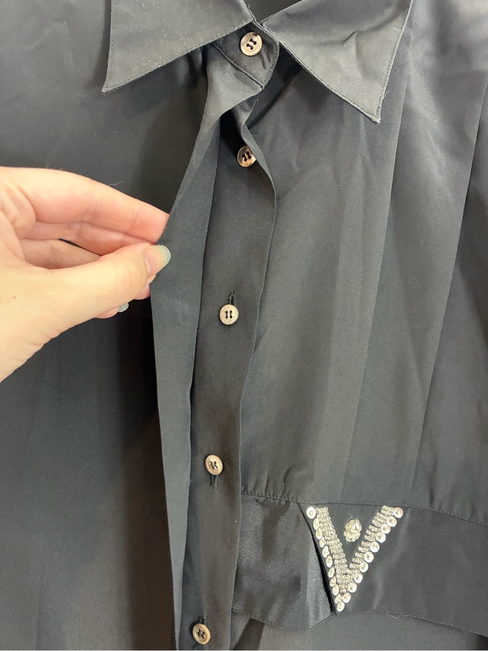 Vintage 90s Oleg Cassini Black Button Down Shirt Beaded Oversized - Size 10 - Picture 4 of 10
